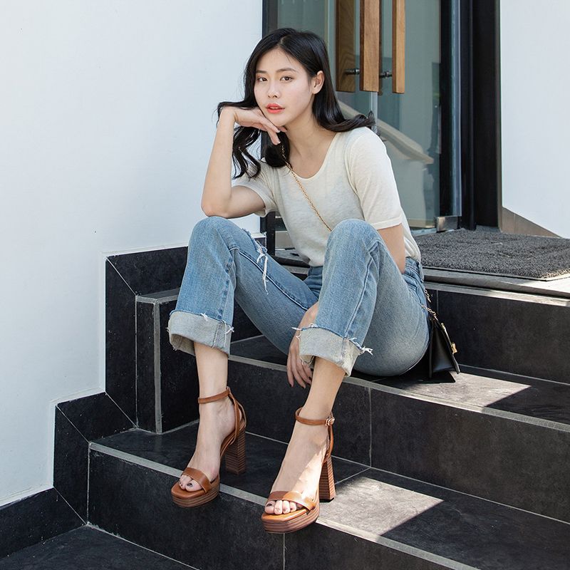 샌들힐 메리제인 피셔맨 발목스트랩 토오픈 발편한 키높이 통굽 갈색 오픈토 토오픈힐 여성 갈색 33 - 상세 이미지 4