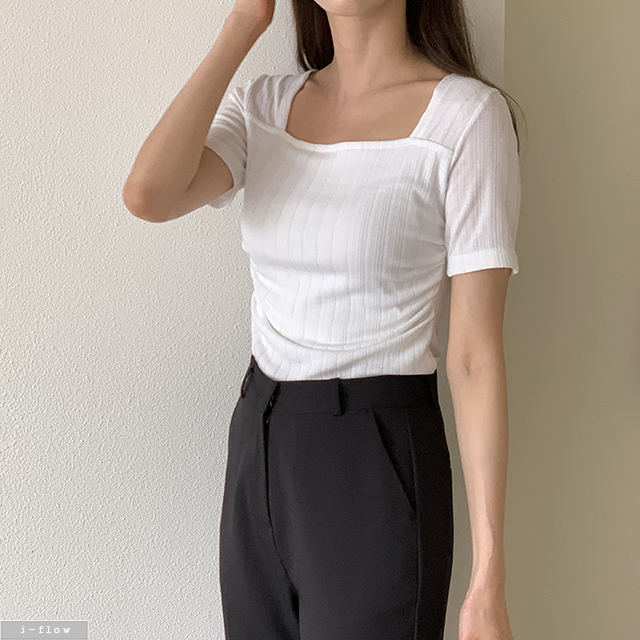 알렛 스퀘어넥 골지 슬림 반팔 티셔츠 4col 여름 봄 셔링 주름 이너 쫀쫀 제이플로우 이미지 6