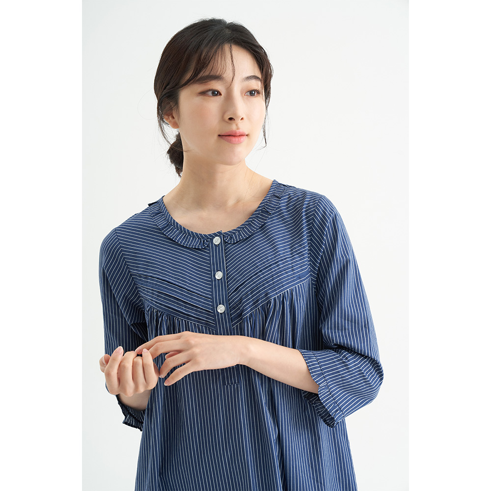 네이비ST 여성 순면 7부 원피스 잠옷 봄 가을 홈웨어 파자마 - 상세 이미지 3