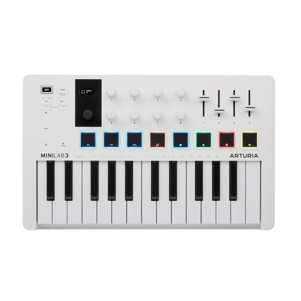 Arturia MiniLab 3 - 음악 제작을 위한 범용 MIDI 컨트롤러, 올인원 소프트웨어 패키지 키 25개, 멀티 컬러 패드 8개 화이트 - 상품 이미지