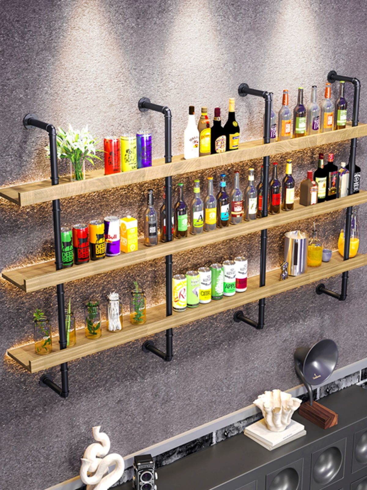와인바 진열대 벽걸이 카페 조명 선반 보관함 와인렉 장식장 거치대 와인잔 인테리어 - 상세 이미지 3