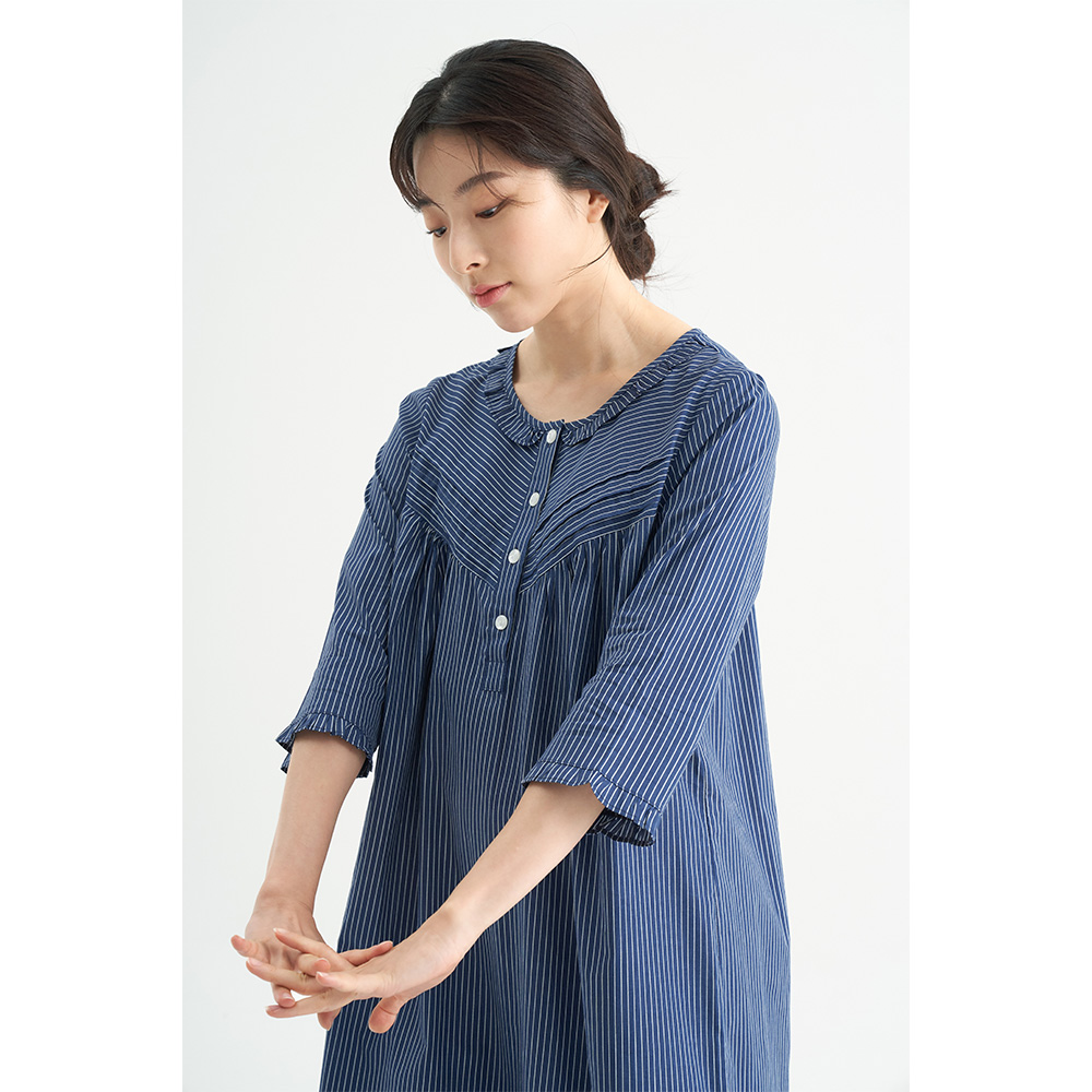 네이비ST 여성 순면 7부 원피스 잠옷 봄 가을 홈웨어 파자마 - 상세 이미지 4