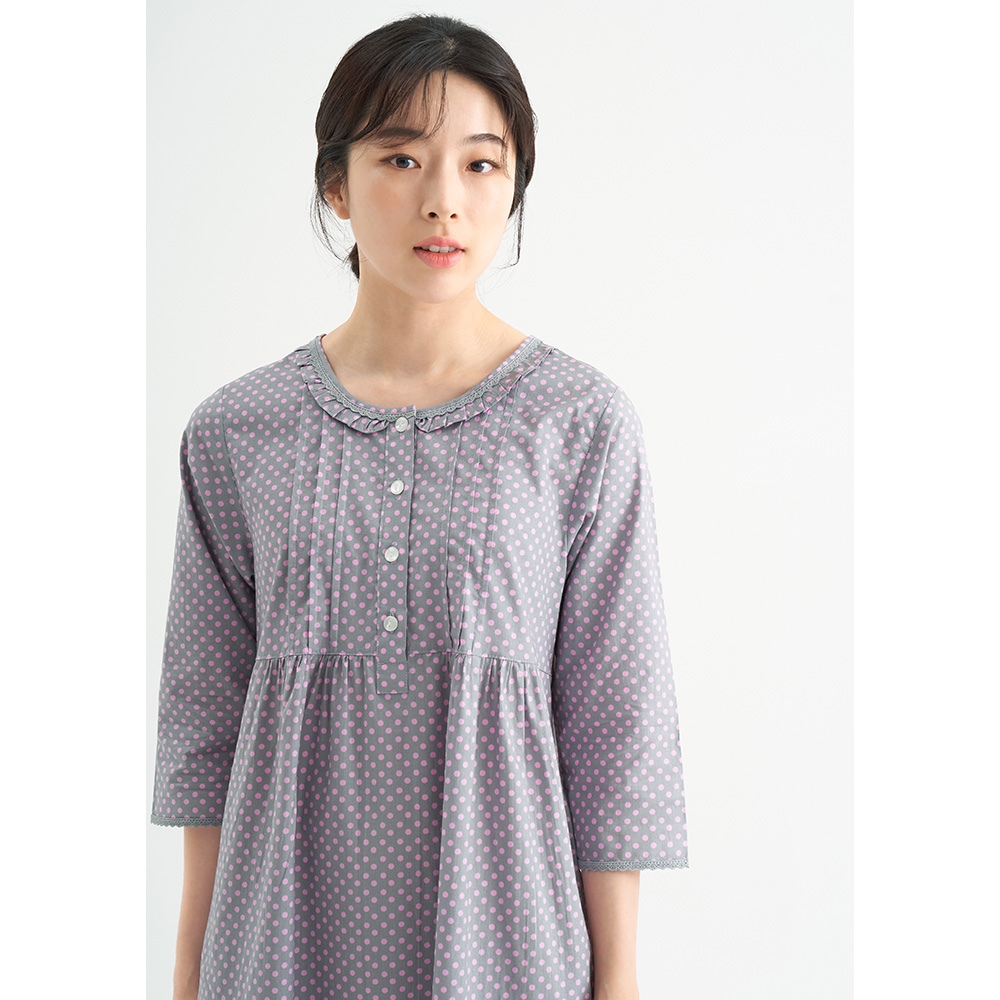 퍼플핑크도트 여성 순면 7부 원피스 잠옷 봄 가을 홈웨어 파자마 - 상세 이미지 5