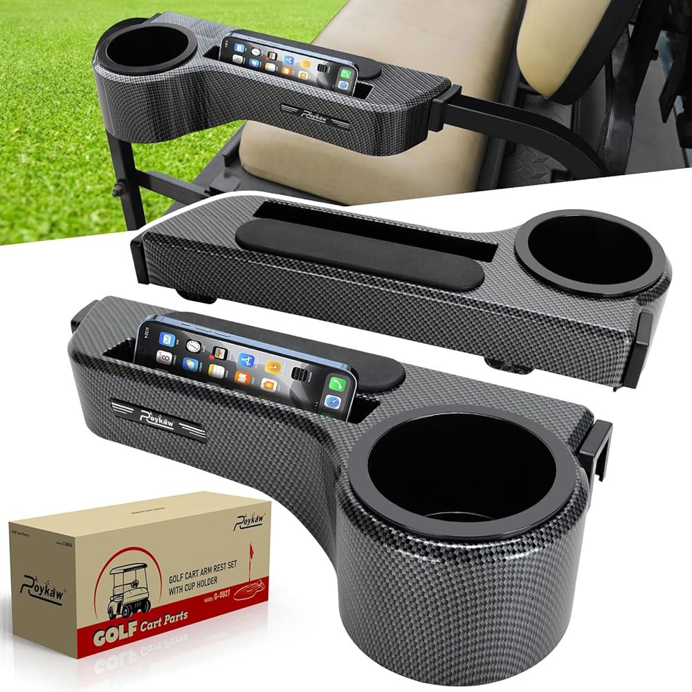 컵 홀더가 있는 로이코 골프 카트 암레스트 / 뒷좌석 EZGO /클럽 카 /야마하 & 대부분의 카트, 3세대 업그레이드 - 휴대폰 홀더, 드릴링 필요 없음, 1.0인치 /1-1/4 - 상품 이미지
