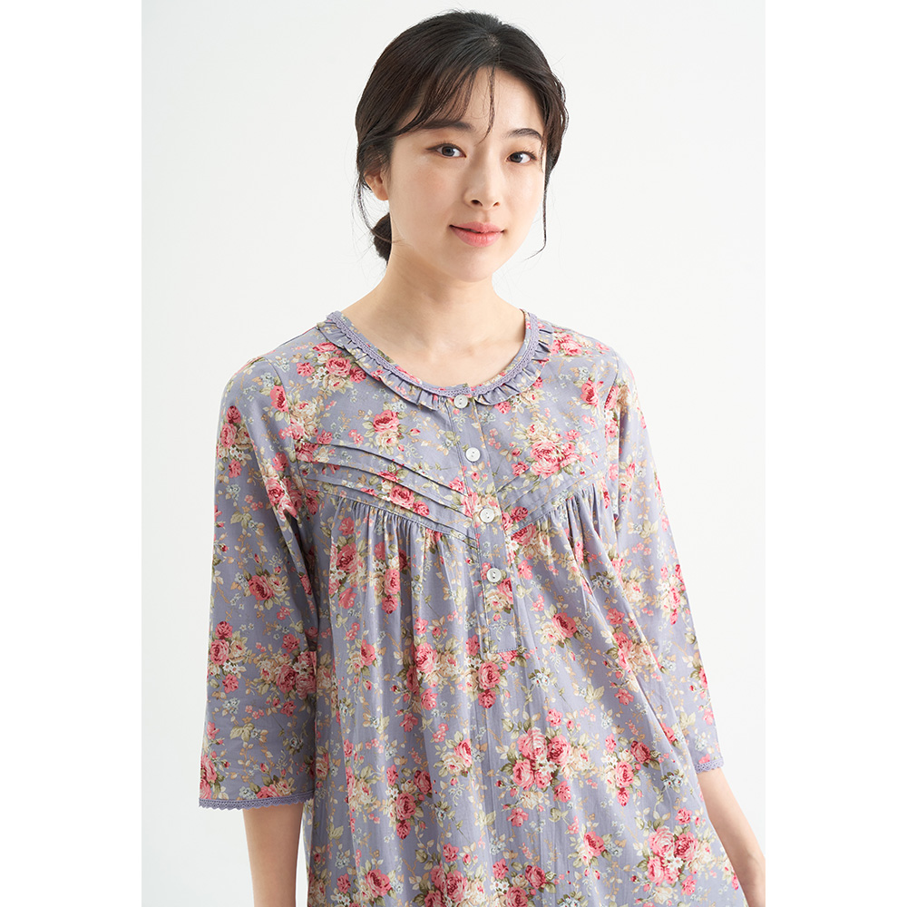 연보라장미 여성 순면 7부 원피스 잠옷 봄 가을 홈웨어 파자마 이미지 6
