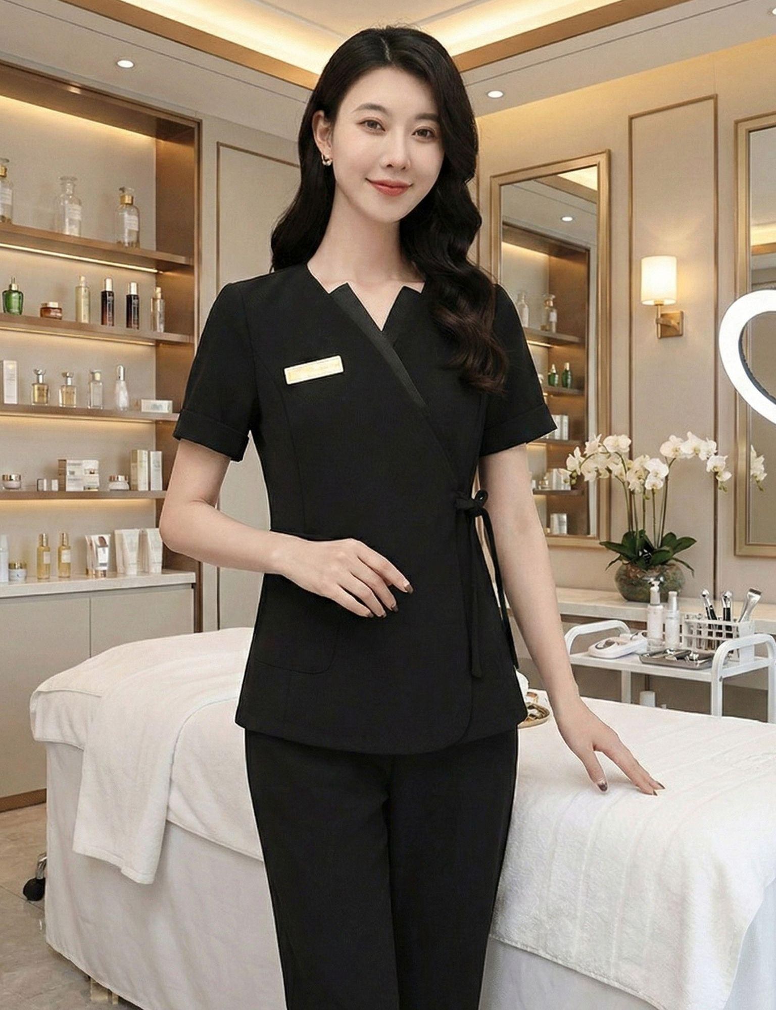 피부관리사 유니폼 7부 반팔 미용실 병원 데스크 근무복 샵 직원복 - 상세 이미지 4