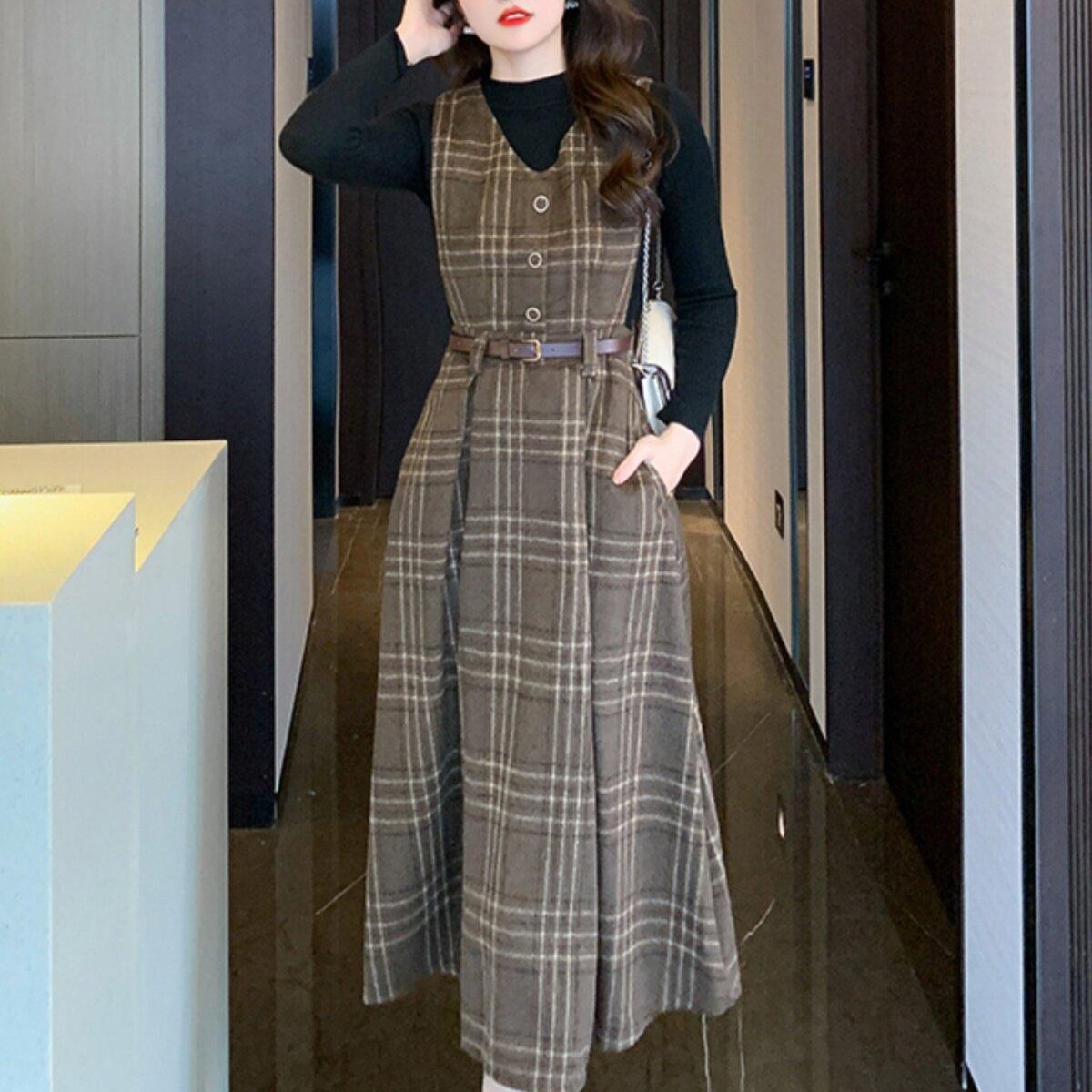 겨울 롱원피스 여성 골지 빅사이즈 맨투맨 카라 레이어드 옆트임 코듀로이 캐주얼 - 상품 이미지