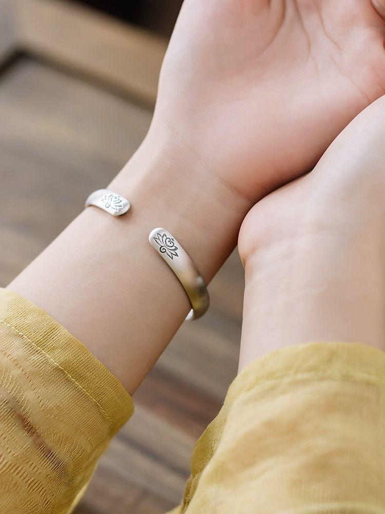 앤틱 실버 불교팔찌 여성용 레트로 순은 뱅글 연꽃 여자은팔찌 스털링 호신부 남자 - 상세 이미지 2