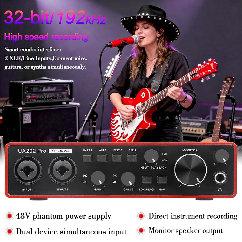 컴퓨터 녹음 음악(빨간색)을 위한 진다오디오 USB 오디오 인터페이스, 2채널 기타 48V 팬텀 파워로 32비트/192kHz 팟캐스트 스트리밍 - 상세 이미지 3