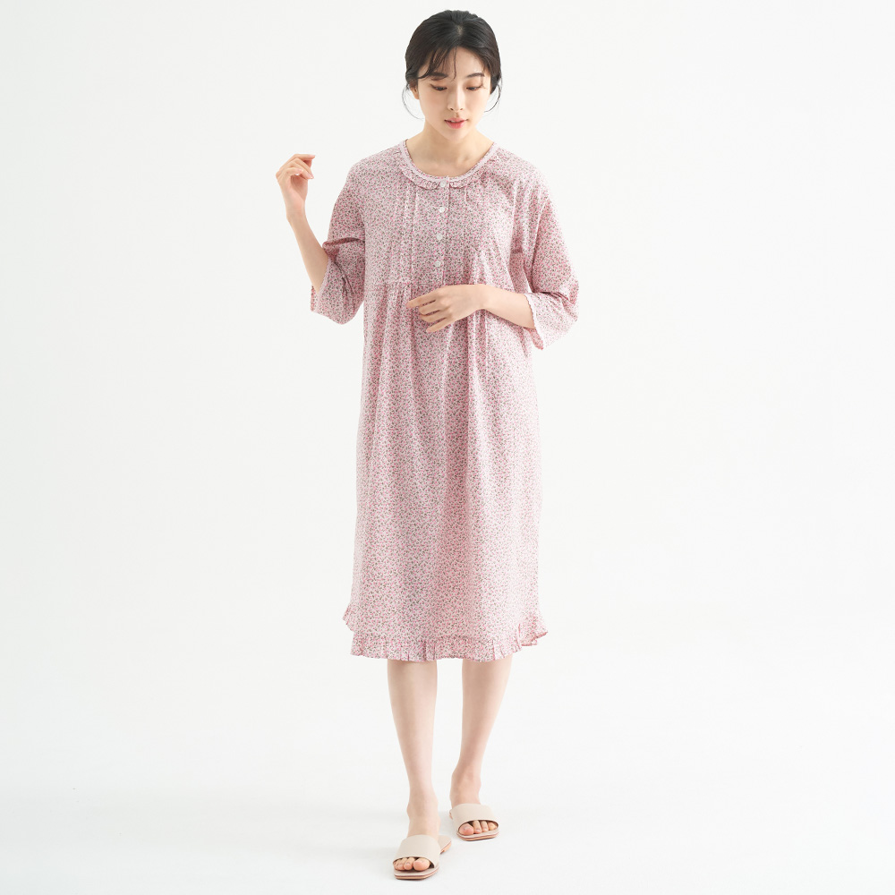 핑크잔꽃 여성 순면 7부 원피스 잠옷 봄 가을 홈웨어 파자마 - 상세 이미지 2
