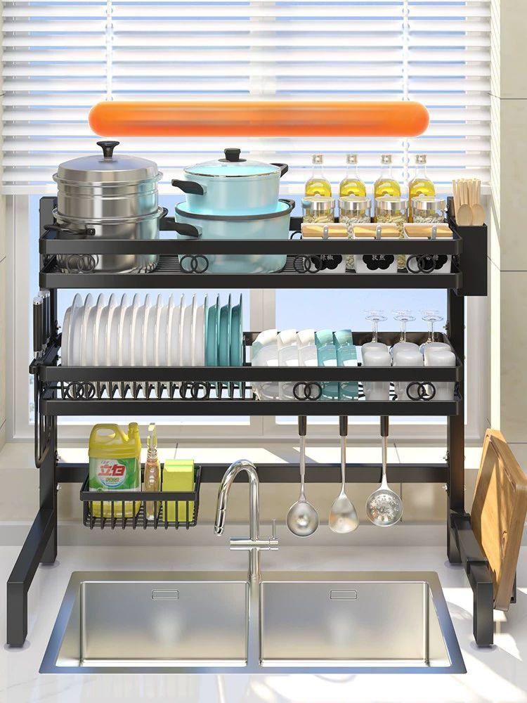 42무타공 식기건조대 대형 선반 단층 접시 고리 정리대 후크 싱크대선반 스텐 스탠드 배수 - 상세 이미지 2