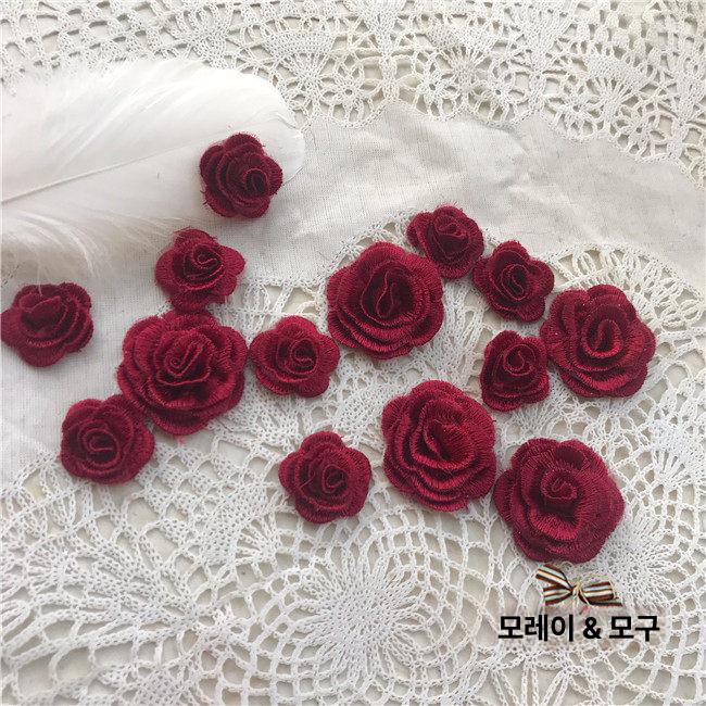 꽃무늬 원피스 드레스 원단 천 DIY 입체 버건디 장미 오간자 자수 패치 감지 액세서리 - 상품 이미지