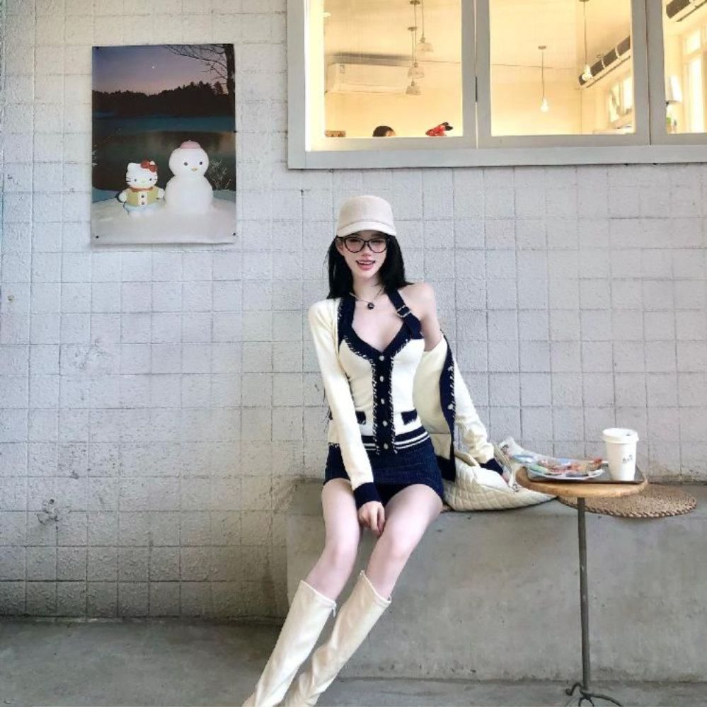 투피스세트 홀터넥 상의 치마바지 여성용 카디건 가디건 캐주얼 여름 반팔 팬츠 스커트 반바지 블루 치마바지 M - 상세 이미지 2