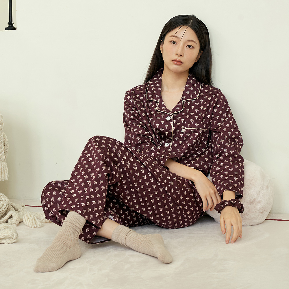 로투스 여성 새틴 면 긴팔 잠옷 홈웨어 파자마 세트 - 상세 이미지 5