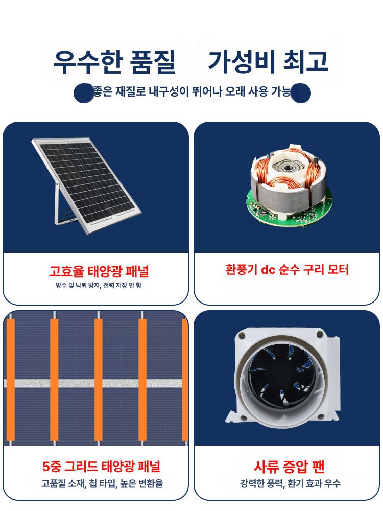 배출 태양열환풍기 욕실 순환 배기 태양광 냄새제거 환기팬 통풍 산업용 - 상세 이미지 2