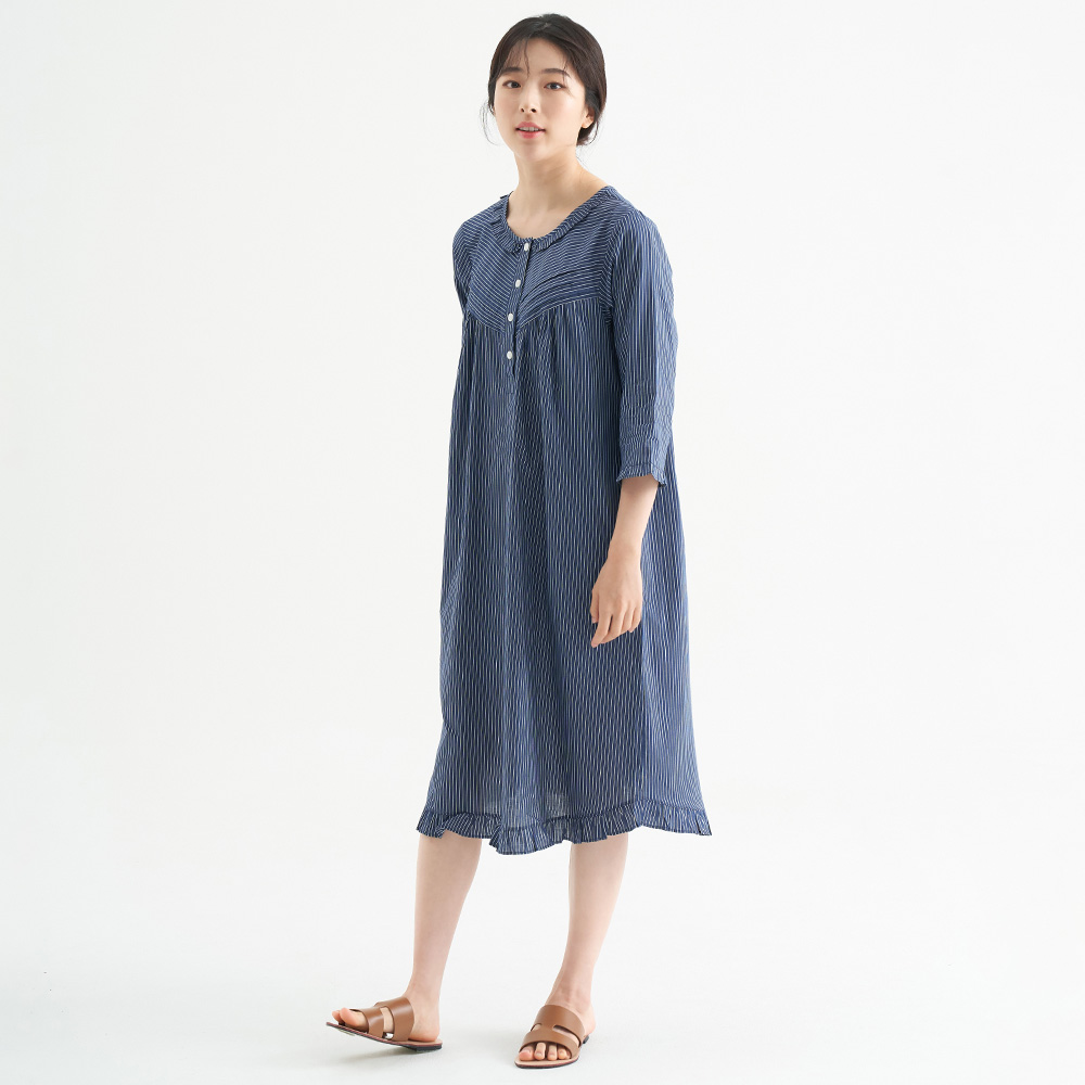 네이비ST 여성 순면 7부 원피스 잠옷 봄 가을 홈웨어 파자마 - 상세 이미지 5
