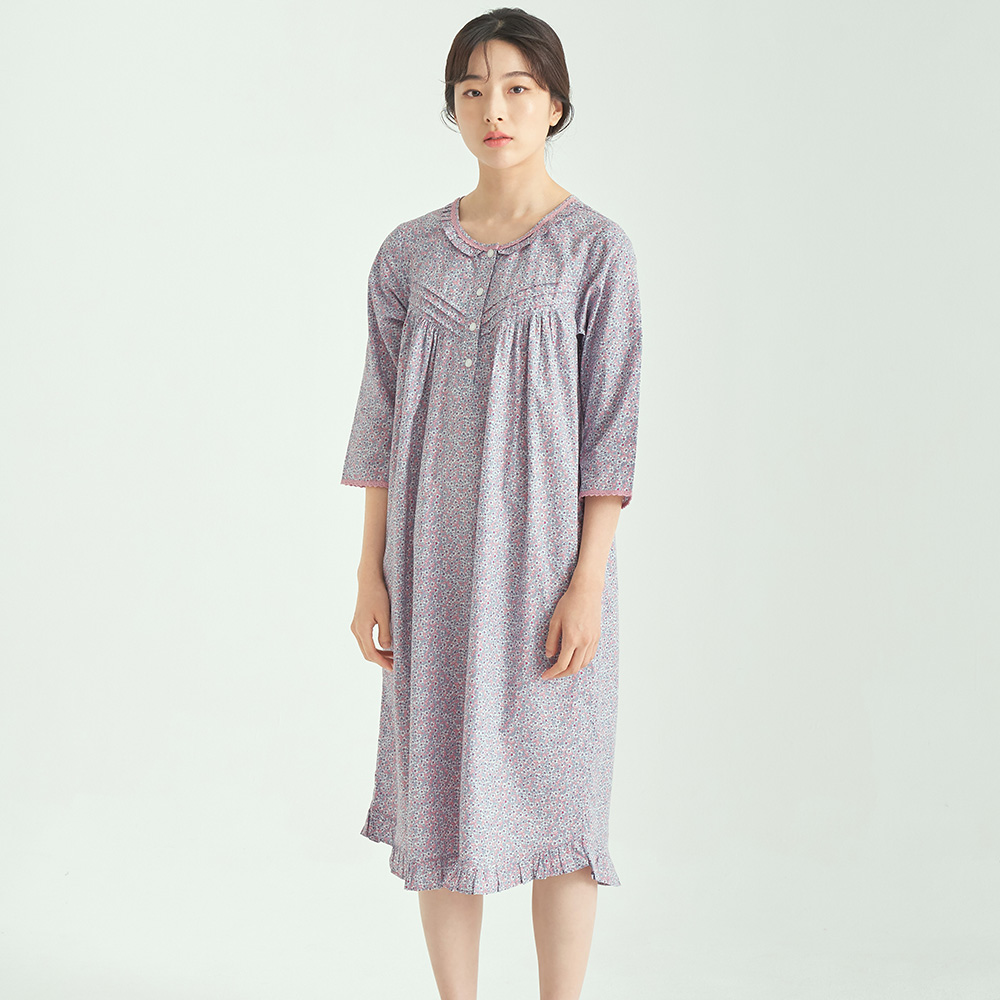 핑크블러썸 여성 순면 7부 원피스 잠옷 봄 가을 홈웨어 파자마 - 상세 이미지 2