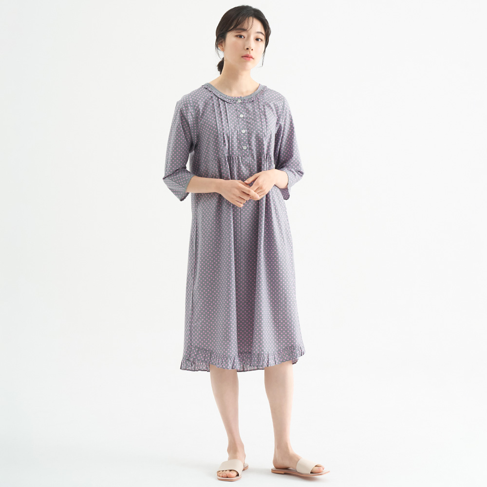 퍼플핑크도트 여성 순면 7부 원피스 잠옷 봄 가을 홈웨어 파자마 - 상세 이미지 2