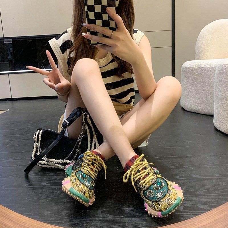 아빠 여성용 발편한 키높이 메탈릭 캐주얼 패션 우먼스 탑 런닝화 실버 운동화 러닝화 여자 그린 245 - 상세 이미지 3