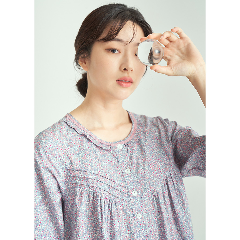 핑크블러썸 여성 순면 7부 원피스 잠옷 봄 가을 홈웨어 파자마 - 상세 이미지 3
