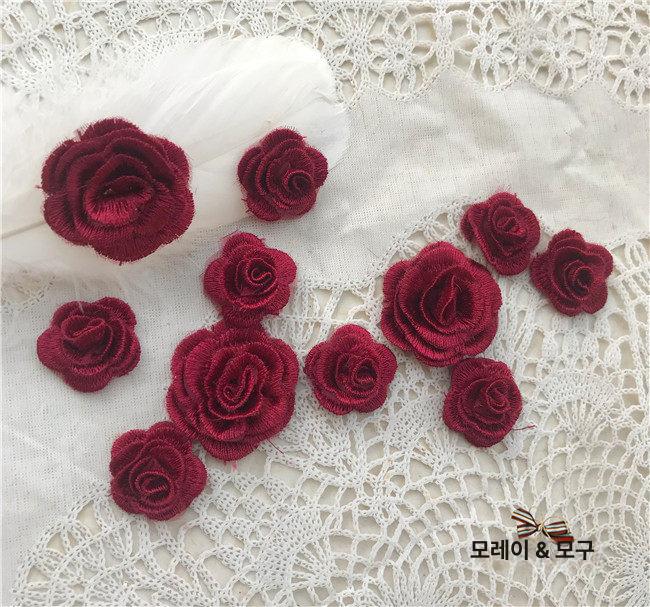 꽃무늬 원피스 드레스 원단 천 DIY 입체 버건디 장미 오간자 자수 패치 감지 액세서리 - 상세 이미지 3