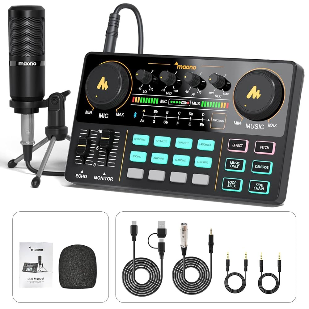 라이브 스트리밍, 녹음, PC, 스마트폰, DJ 캐스터 라이트(AU-AM200-S1)를 위한 3.5mm 마이크가 장착된 MAON 팟캐스트 장비 번들 오디오 믹서 올인원 프로덕션 - 상품 이미지