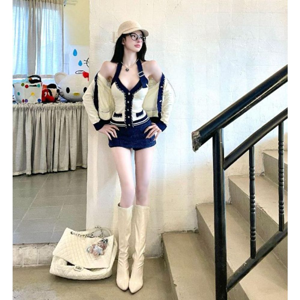 투피스세트 홀터넥 상의 치마바지 여성용 카디건 가디건 캐주얼 여름 반팔 팬츠 스커트 반바지 블루 치마바지 M - 상세 이미지 3