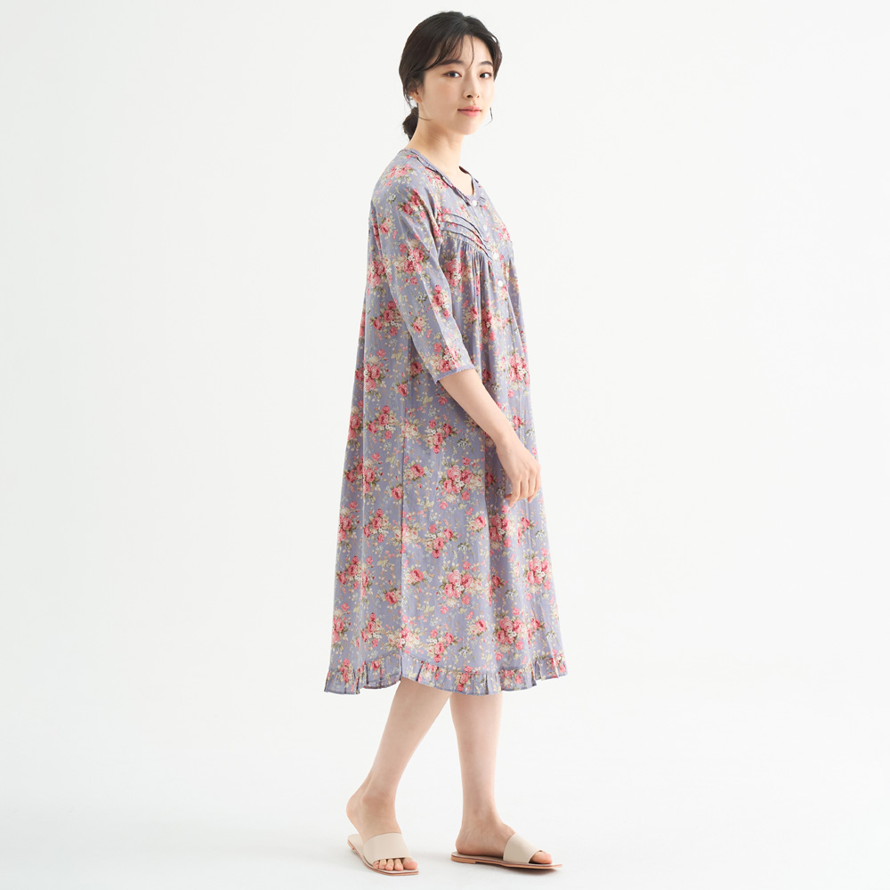 연보라장미 여성 순면 7부 원피스 잠옷 봄 가을 홈웨어 파자마 - 상세 이미지 4