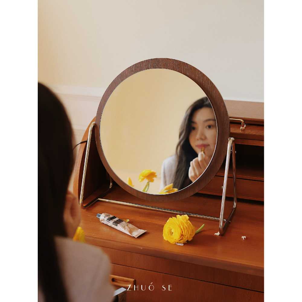 뷰티 우드 원형 책상 탁상용 확대거울 미러 화장거울 사무실 확대경 메이크업거울 - 상품 이미지