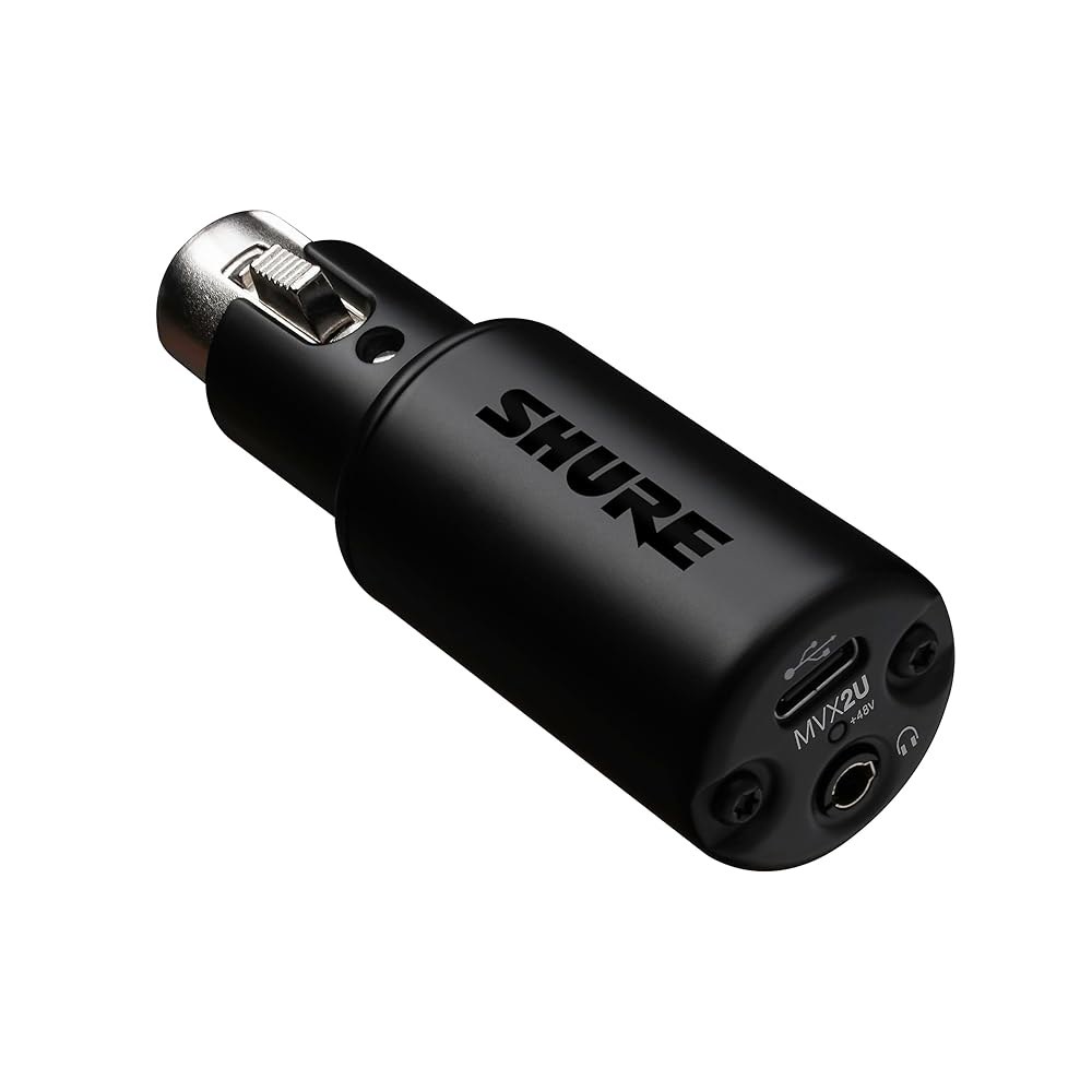 Shure MVX2U XLR-to-USB 디지털 오디오 인터페이스, 헤드폰 잭, 60dB 게인, 무지연 모니터링, 48V 팬텀 전원, ShurePlus 앱, USB-C 케이블 - 상품 이미지