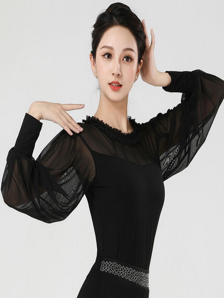 라인댄스상의 시스루 벌룬 라틴 스윙 플라워 댄스복 차밍 긴팔 티셔츠 탱고 탑 반팔 줌바 - 상세 이미지 2