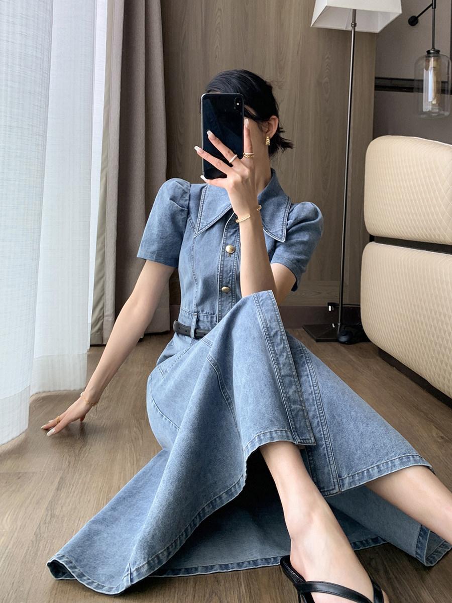 데님 롱 원피스 반팔 퍼프 소매 여성 - 상세 이미지 4