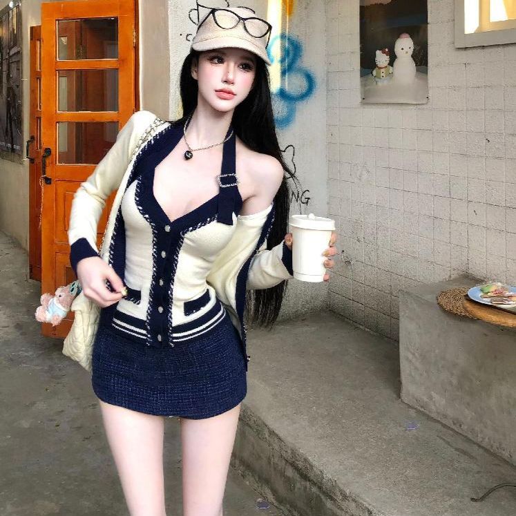투피스세트 홀터넥 상의 치마바지 여성용 카디건 가디건 캐주얼 여름 반팔 팬츠 스커트 반바지 블루 치마바지 M - 상세 이미지 5