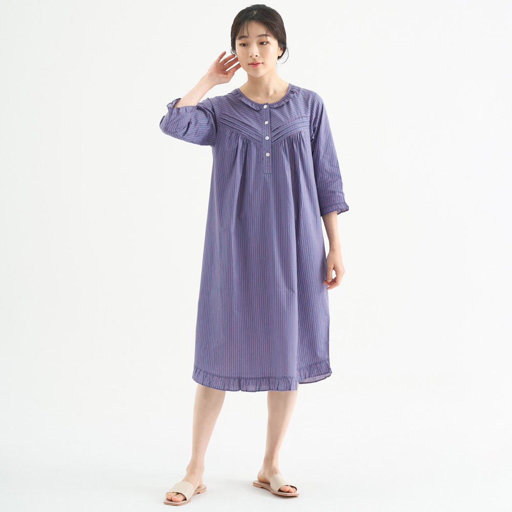 진퍼플ST 여성 순면 7부 원피스 잠옷 봄 가을 홈웨어 파자마 - 상세 이미지 4