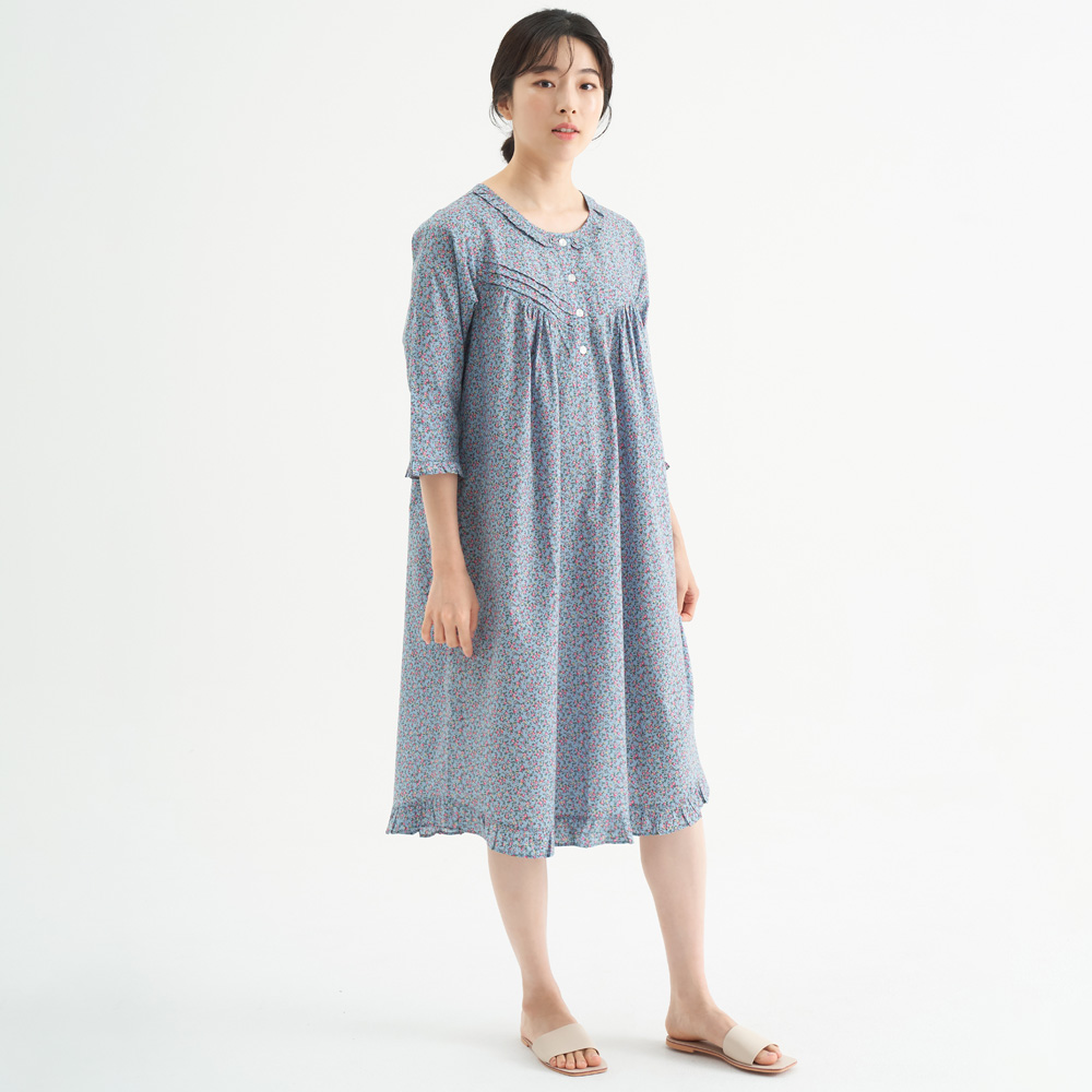 블루잔꽃 여성 순면 7부 원피스 잠옷 봄 가을 홈웨어 파자마 - 상세 이미지 4