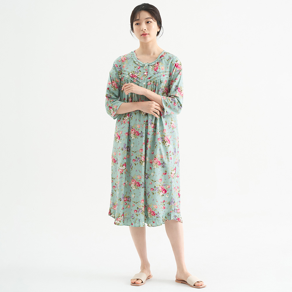 민트장미 여성 순면 7부 원피스 잠옷 봄 가을 홈웨어 파자마 - 상세 이미지 3