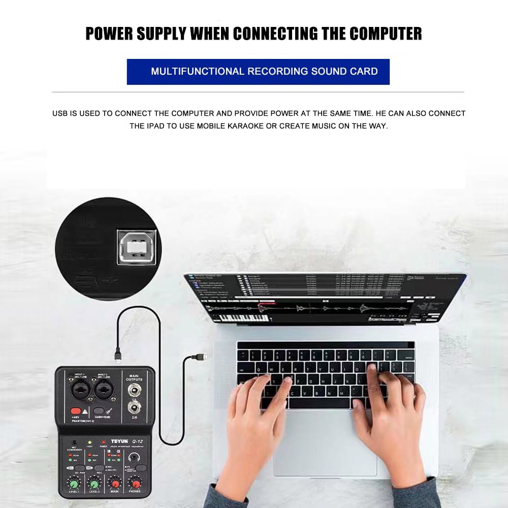 PC용 USB 오디오 인터페이스, 3.55m 마이크 잭이 있는 음악 컴퓨터 녹음용 인터페이스 XLR, 녹음 스튜디오용 사운드 카드, 초저지연 플러그 앤 플레이, Q-12 - 상세 이미지 3