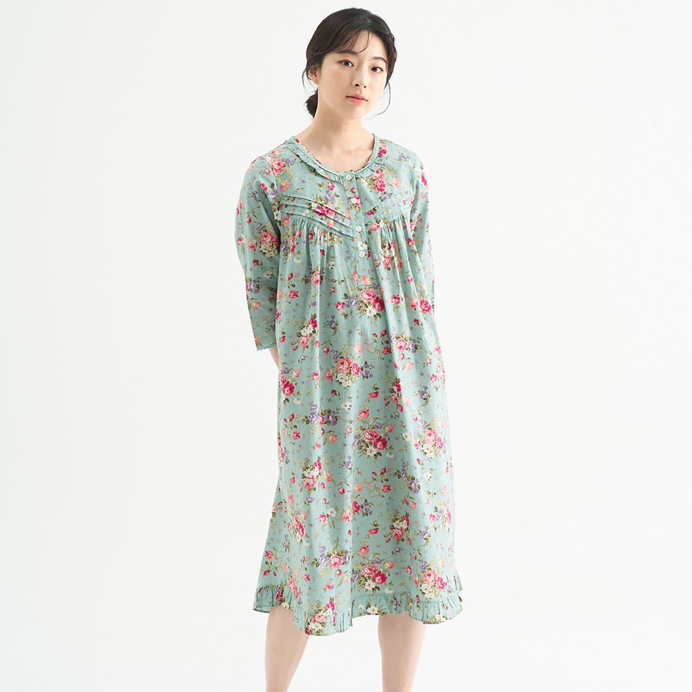 민트장미 여성 순면 7부 원피스 잠옷 봄 가을 홈웨어 파자마 - 상품 이미지