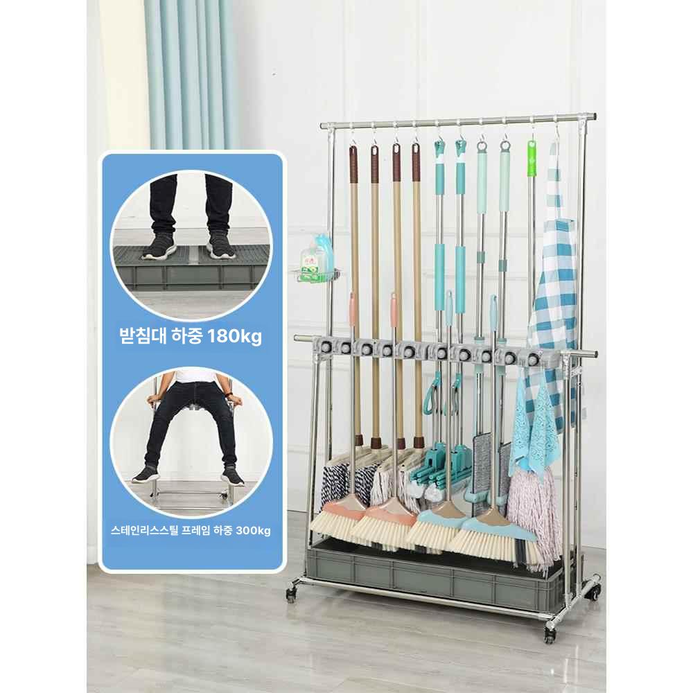 청소용품 수납 이동식 핸드카 걸이 대걸레 빗자루 밀대 정리 보관 선반 랙 - 상세 이미지 5