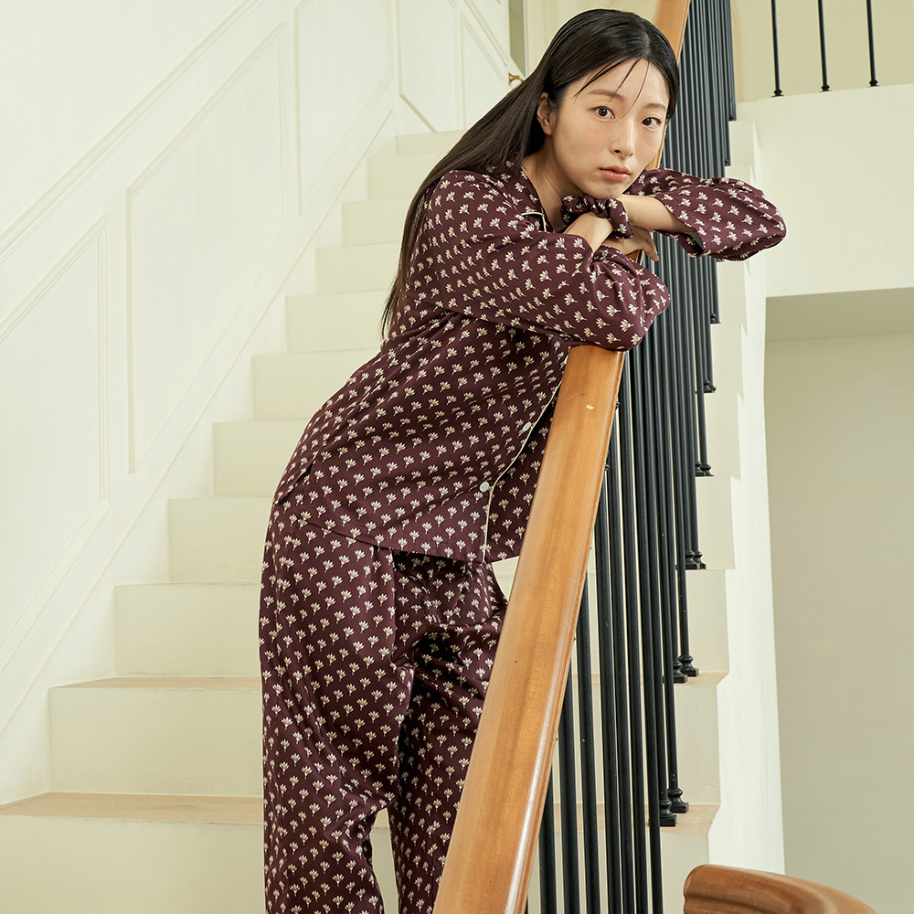 로투스 여성 새틴 면 긴팔 잠옷 홈웨어 파자마 세트 - 상품 이미지