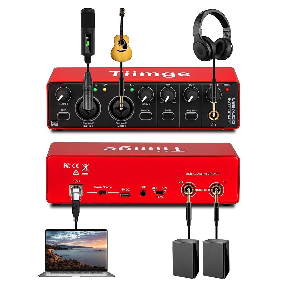 48V 팬텀 파워, 24비트 /192kHz 고충실도, 마이크 프리앰프 XLR /TSR 포트를 갖춘 PC용 Tiimge 2x2 USB 오디오 인터페이스, 기타리스트, 보컬리스트, - 상세 이미지 2