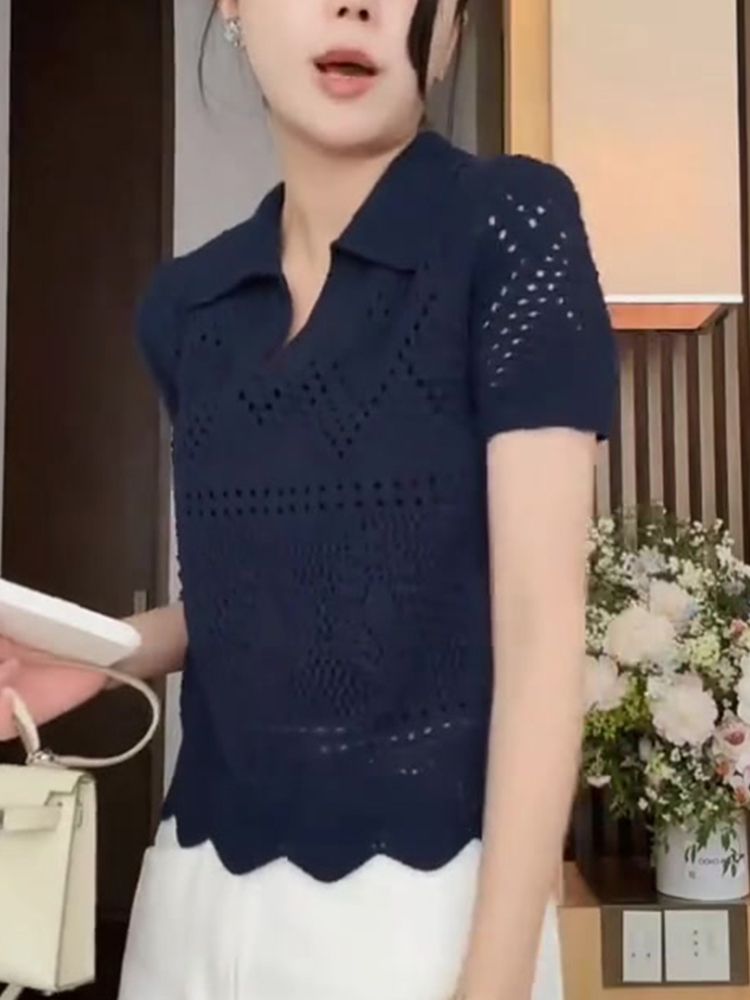 긴팔 시스루 셔링 반팔 티셔츠 구멍송송 루즈핏 퍼프 블라우스 중년 여름 여성 남방 레이스 - 상세 이미지 2