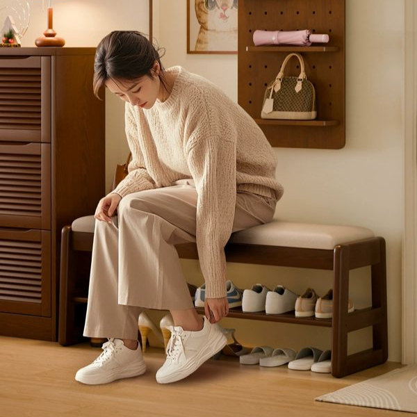 현관 벤치 정리대 우드컬러 원목 월넛 인테리어 우드 현관벤치 보관 다용도 의자 출입구 - 상세 이미지 2
