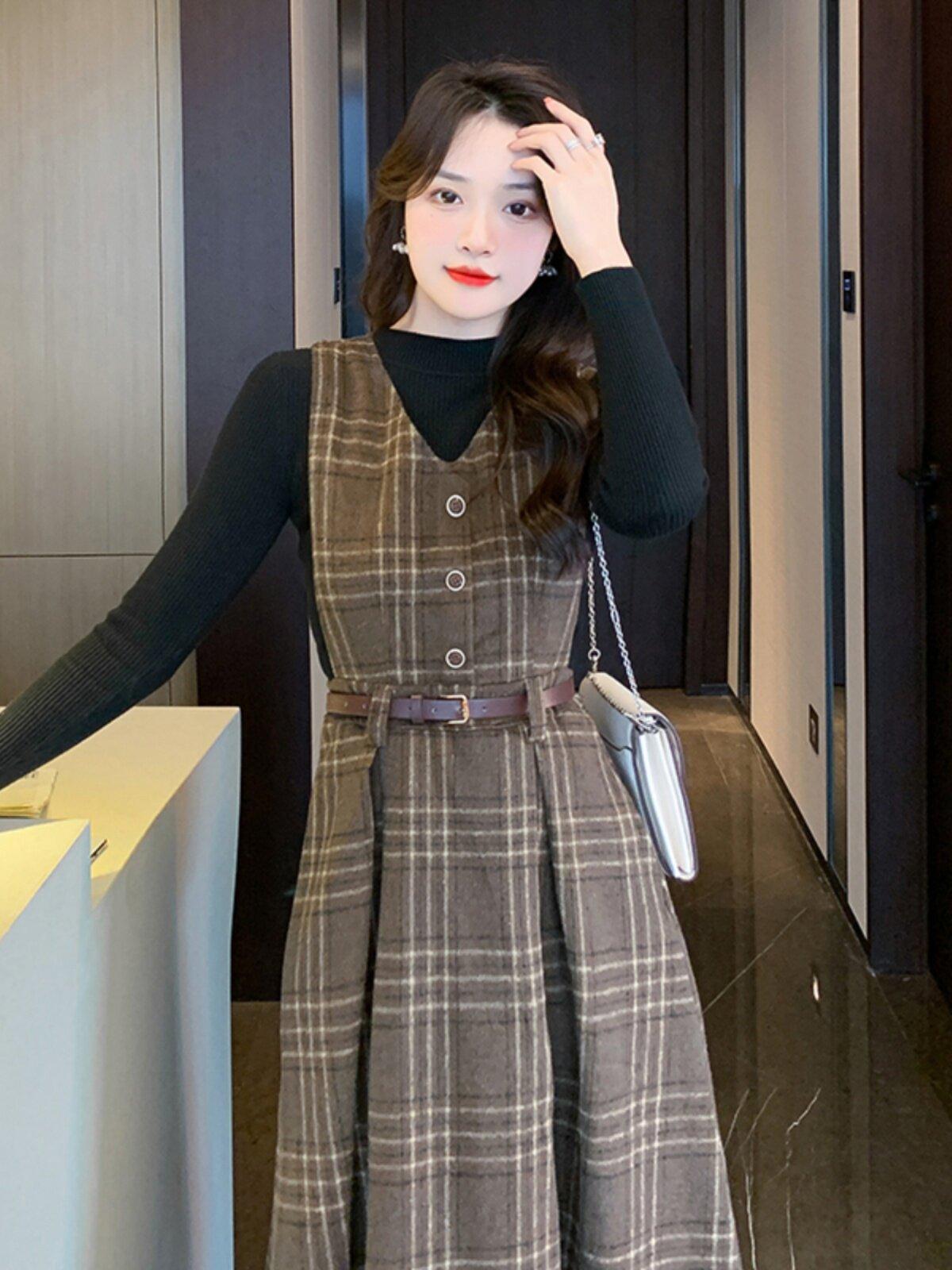 겨울 롱원피스 여성 골지 빅사이즈 맨투맨 카라 레이어드 옆트임 코듀로이 캐주얼 - 상세 이미지 4