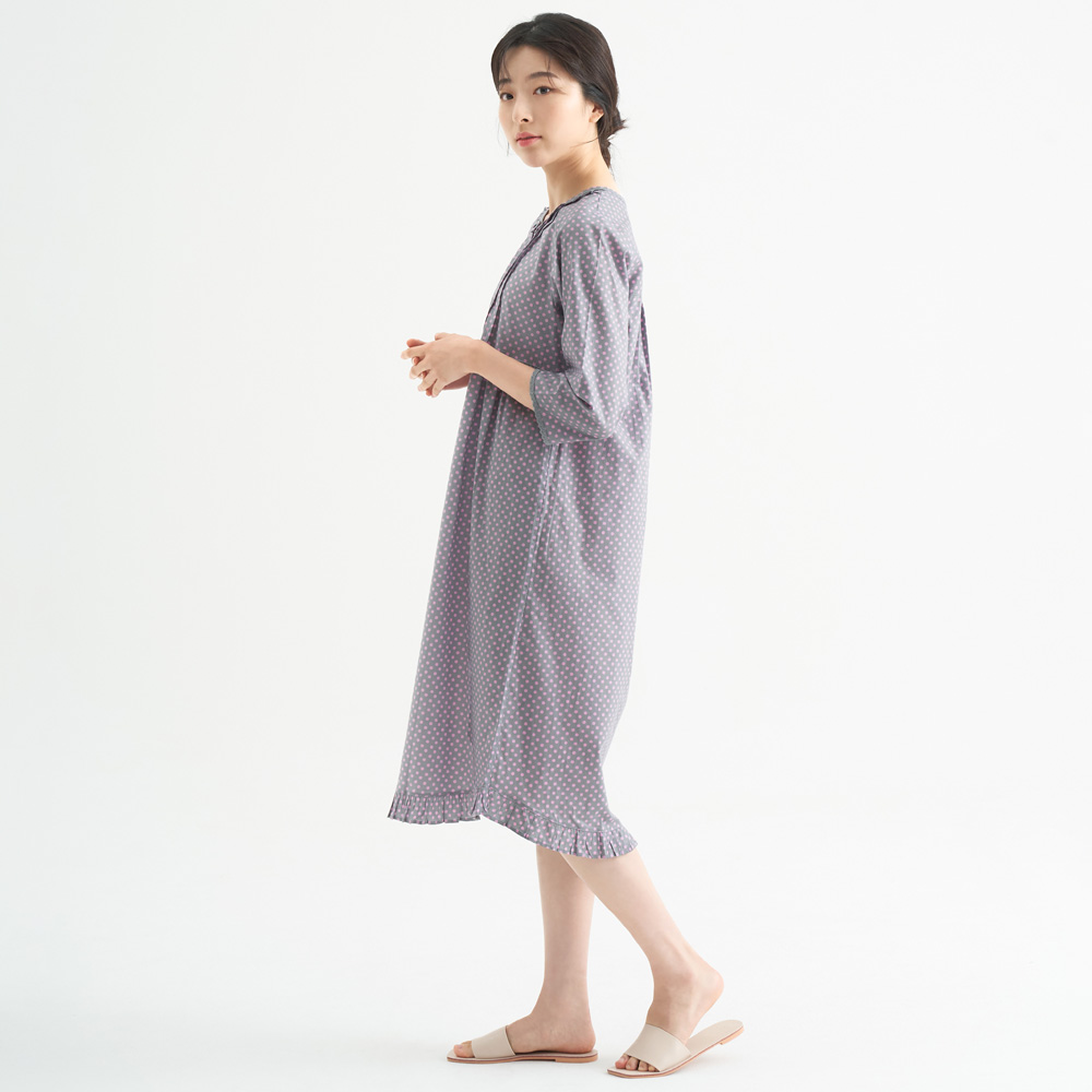 퍼플핑크도트 여성 순면 7부 원피스 잠옷 봄 가을 홈웨어 파자마 - 상세 이미지 3