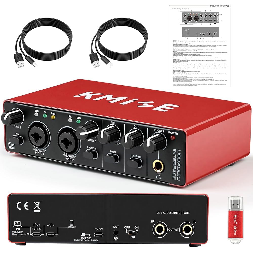 Kmise USB 오디오 인터페이스, 녹음을 위한 48V 팬텀 파워를 갖춘 컴퓨터 녹음 스튜디오 품질 사운드, 기타리스트, 보컬리스트, 팟캐스터(USB 타입-C)와 호환 가능 - 상품 이미지