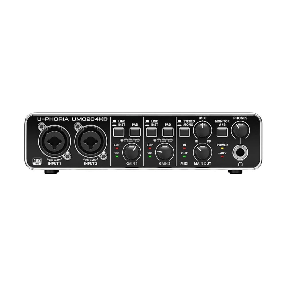 Behringer UMC204HD 오디오 파일 2x4, 24비트 / 192kHz USB MIDi 인터페이스 및 Midas Mic 프리앰프 | 마이크 악기 녹음용 - 상세 이미지 3
