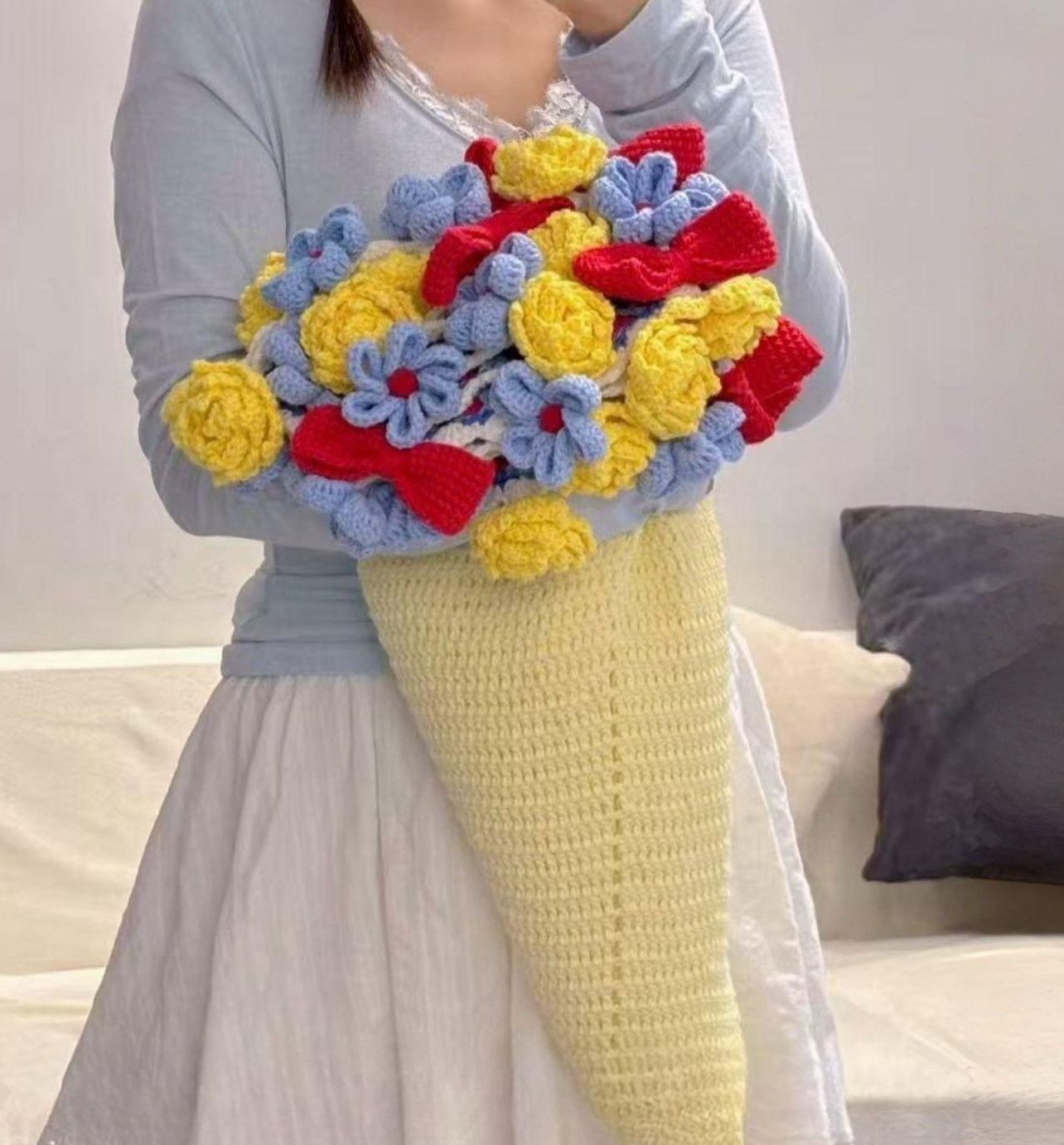 꽃다발담요 뜨게꽃 블랭킷뜨기 코바늘 블록 뜨개질 장미꽃 선물 재료 꽃 가방 세트 도안 - 상품 이미지