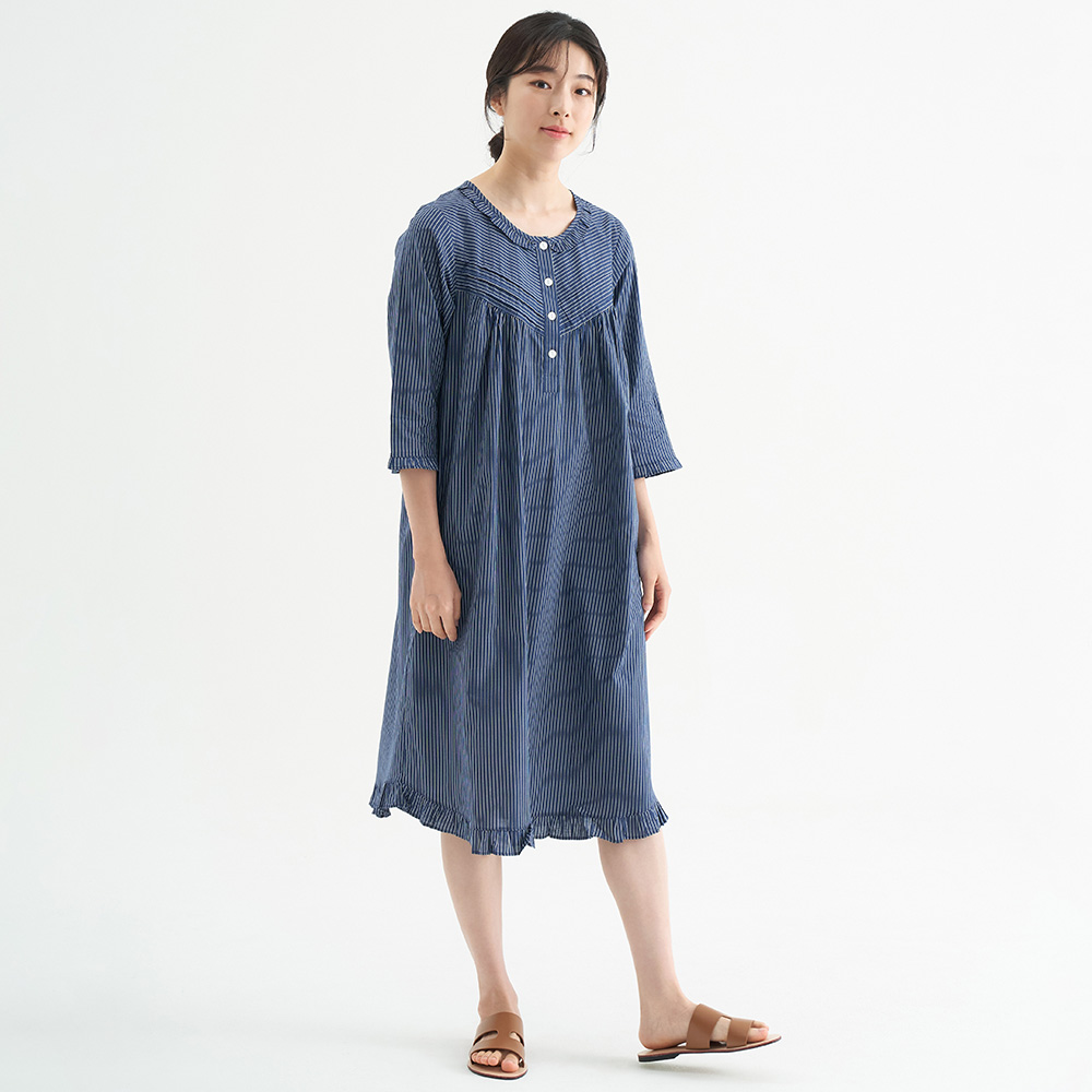 네이비ST 여성 순면 7부 원피스 잠옷 봄 가을 홈웨어 파자마 - 상세 이미지 2