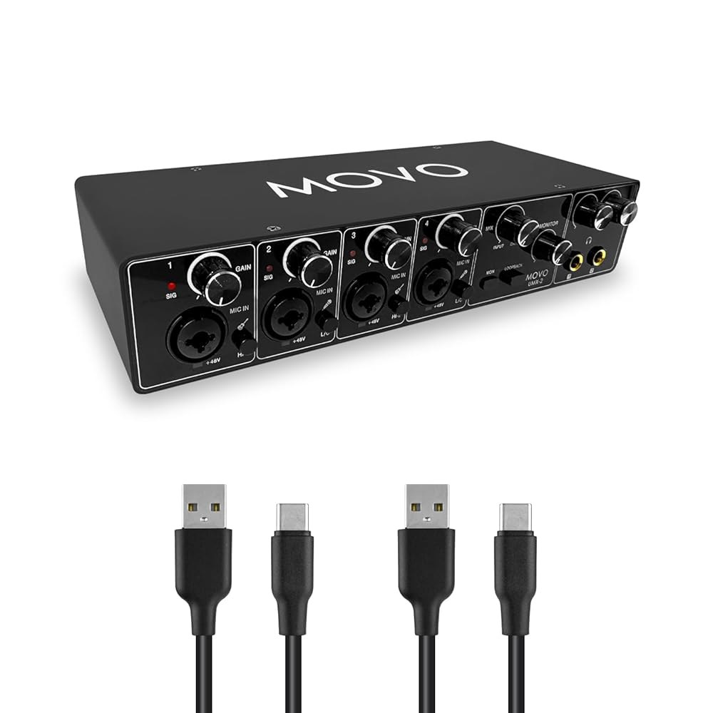 녹음, 팟캐스트, 오디오 프로덕션 u2013 Mac 및 PC를 위한 Movo UMX-2 4채널 USB/USB-C 인터페이스 - 상품 이미지